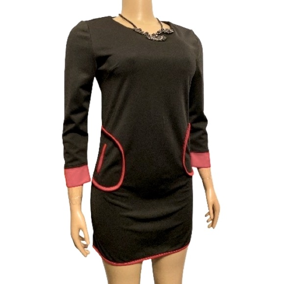 Vintage Mod Mini Dress Black Pockets Color Block Scoop Neck red piping size L - Picture 4 of 17